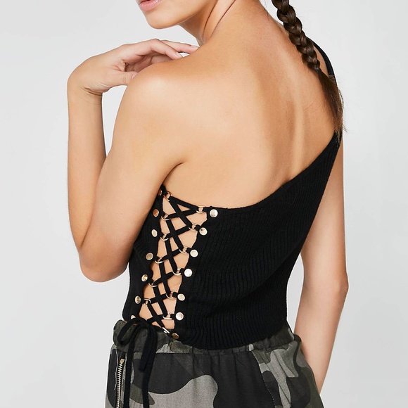 Jella C. Off Shoulder Lace Up Crop Top - Picture 1 of 6